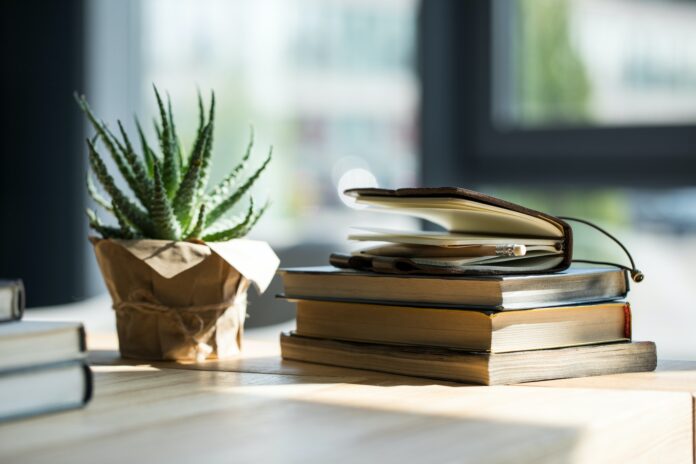 Close-up view of books, notebook with pencil and potted plant on wooden table